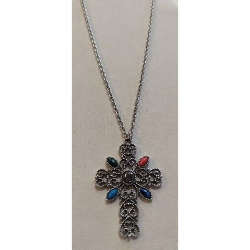 Vintage Estate Large Avon Silver Tone Cabochon Cross Pendant Necklace 24" - Picture 1 of 8